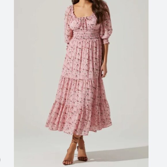 ASTR The Label | Floral Tiered Midi Dress Smocked Puff Sleeve Pink Size M - Picture 2 of 12